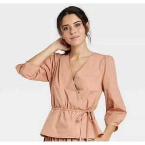 NWOT a New Day Top Womens Size Large V Neck Faux Wrap Peplum 3/4 Sleeve Cotton